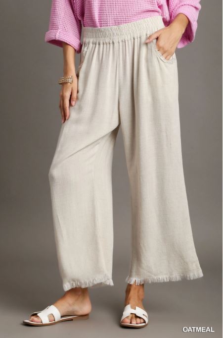 Linen Blend Raw Hem Pants Oatmeal