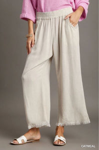 Linen Blend Raw Hem Pants Oatmeal
