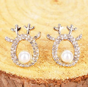 PRANCER PEARL REINDEER GOLDTONE EARRINGS