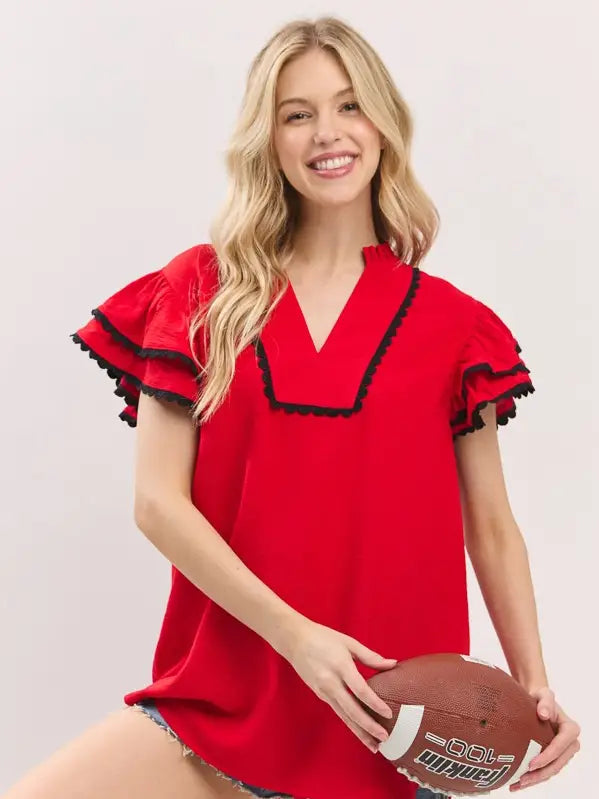 Game Day Ruffle Sleeve Top Red/Black