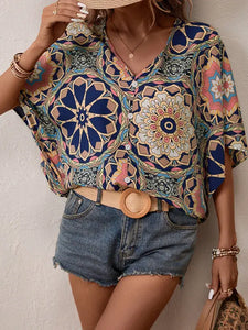 Batwing Sleeves Loose Buttoned Flower Print V-Neck Blouse