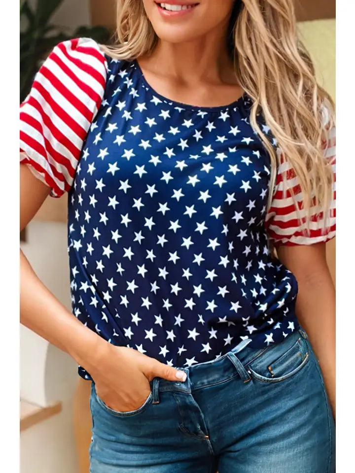 4th Of July Stars Stripes Puff Sleeve T Shirt